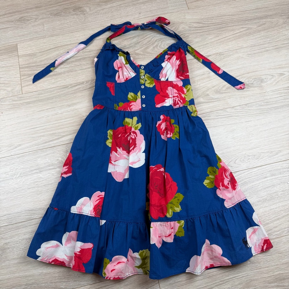 Abercrombie & Fitch Blue Floral Smocked Halter Dress Sz‎ S Button Front Tiered
